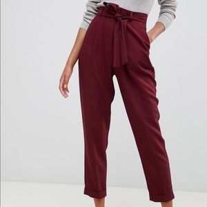 ASOS belted tie waist maroon straight leg trousers